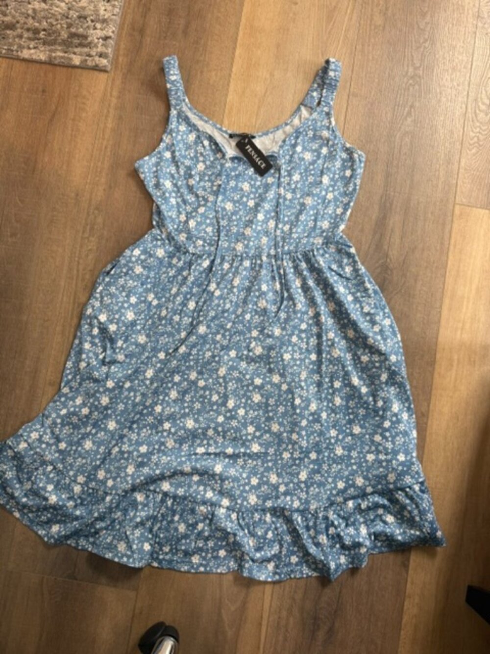 Women's Blue Floral Print Strapless Mini Dress L